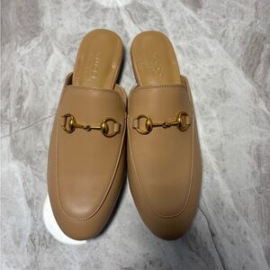 Gucci Beige Leather Mules with Gold Accent